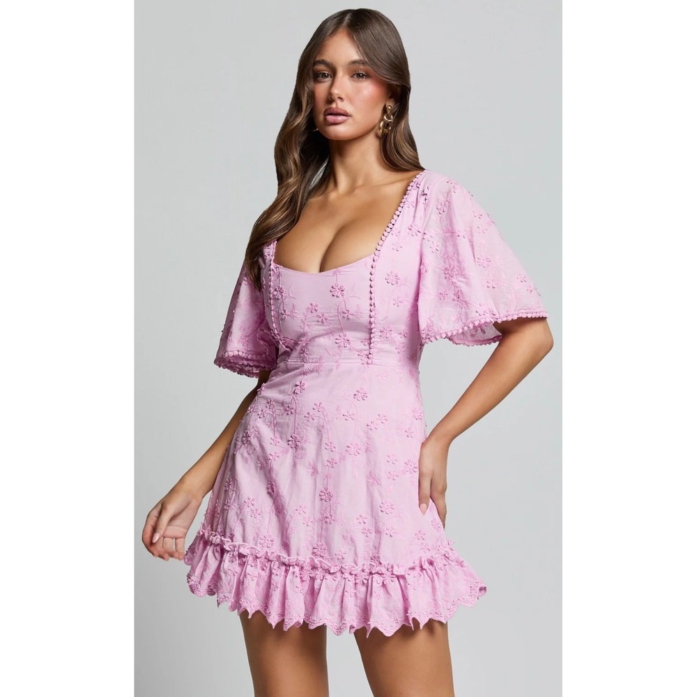 Showpo Fancy A Spritz Lilac Embroidered Square Neck Mini Dress Size 8